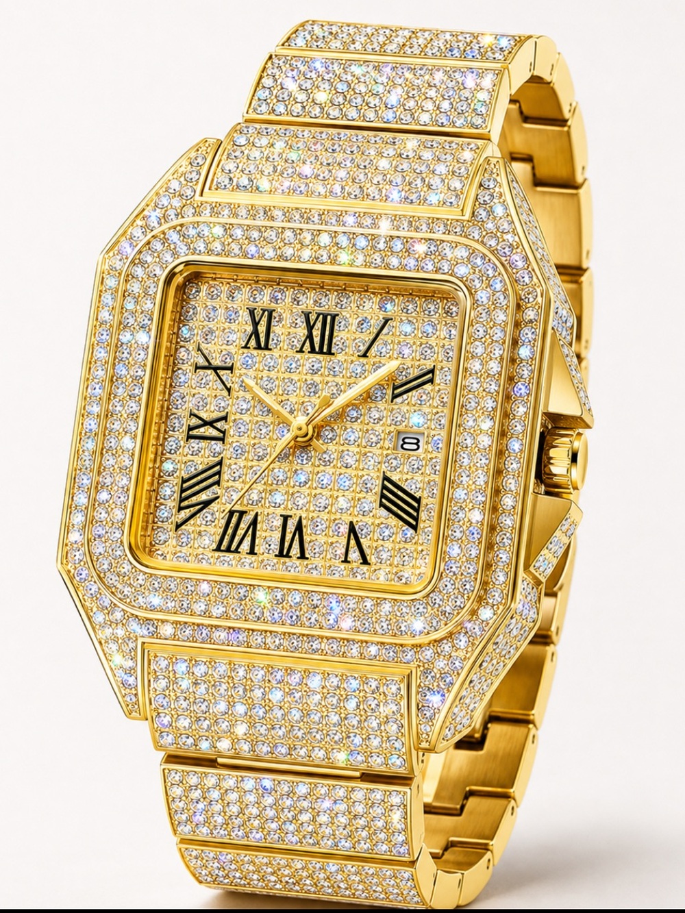 Gold Iced Out Bust Down Watch VVS Simulated Diamonds Stainless Steel Roman Dial